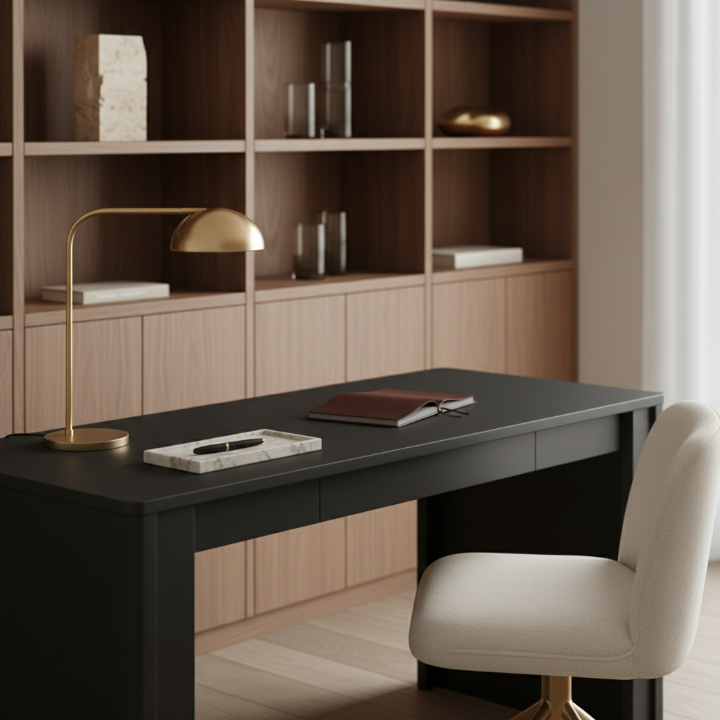 A minimalist luxury home office vignette showcasing refined style: a slim, matte black writing desk with chamfered edges, a cream boucle desk chair, and a slender brass task lamp with a dome shade. On the desk, a single leather notebook in deep espresso brown and a smooth onyx pen rest on a small marble tray. Behind, built-in shelving in warm walnut displays carefully spaced sculptural objects in travertine and smoked glass. Soft studio lighting mimics diffused daylight, casting gentle, controlled shadows. Captured from a three-quarter angle with shallow depth of field, the mood is focused, calm, and impeccably polished, reflecting high-end taste in photographic realism.