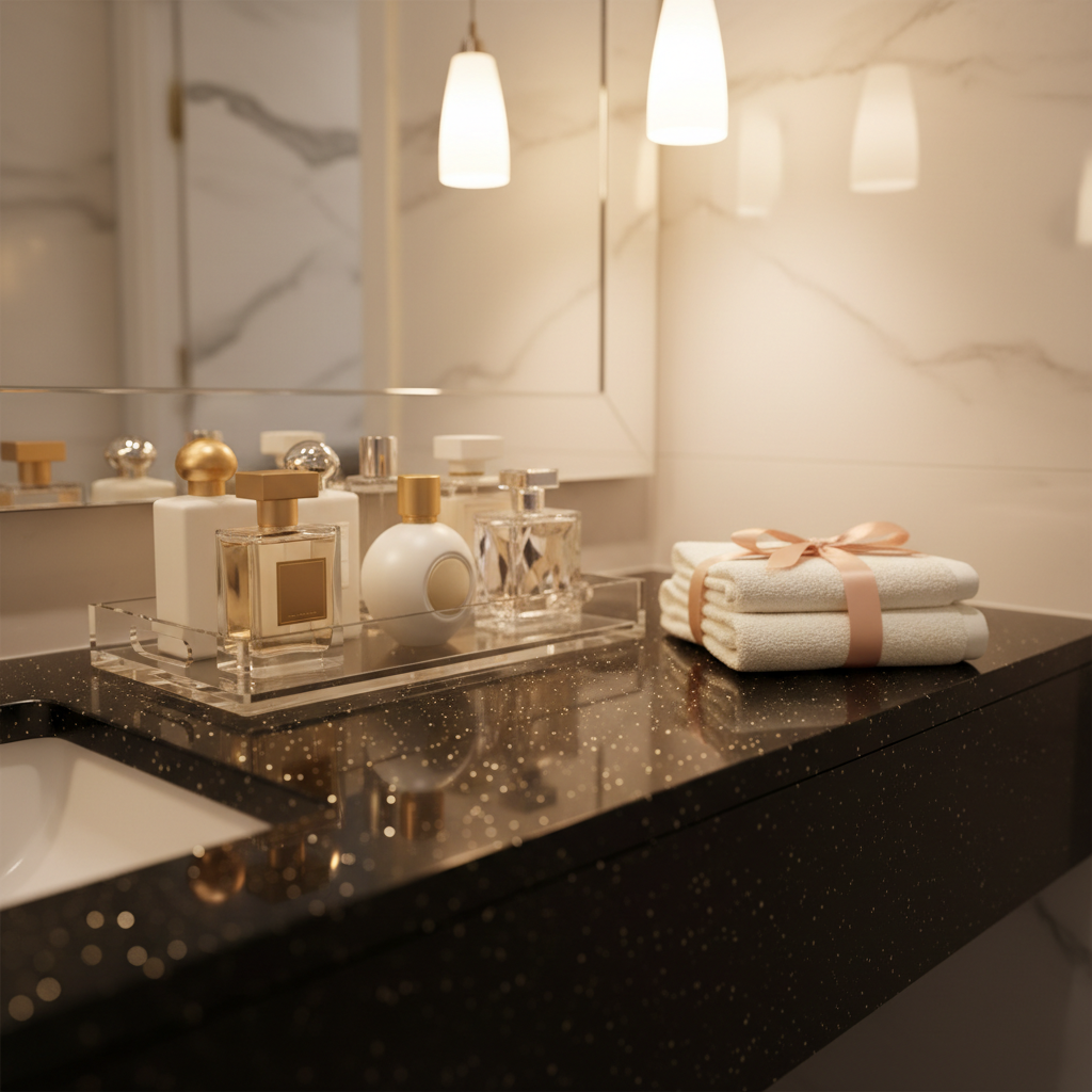 A dramatic close-up of a luxury vanity top curated by aesthetic: a high-gloss black stone counter with subtle gold flecks, supporting a clear acrylic tray of carefully arranged fragrance bottles in frosted glass, faceted crystal, and matte porcelain. Nearby, a stack of perfectly folded ivory cotton hand towels is tied with a thin satin ribbon. A large frameless mirror reflects a blurred hint of a marble wall. Warm pendant lights above cast soft, cinematic highlights and delicate bokeh in the background. Shot at a low, intimate angle with shallow depth of field, the mood is indulgent yet refined, with a sophisticated, editorial photographic style.