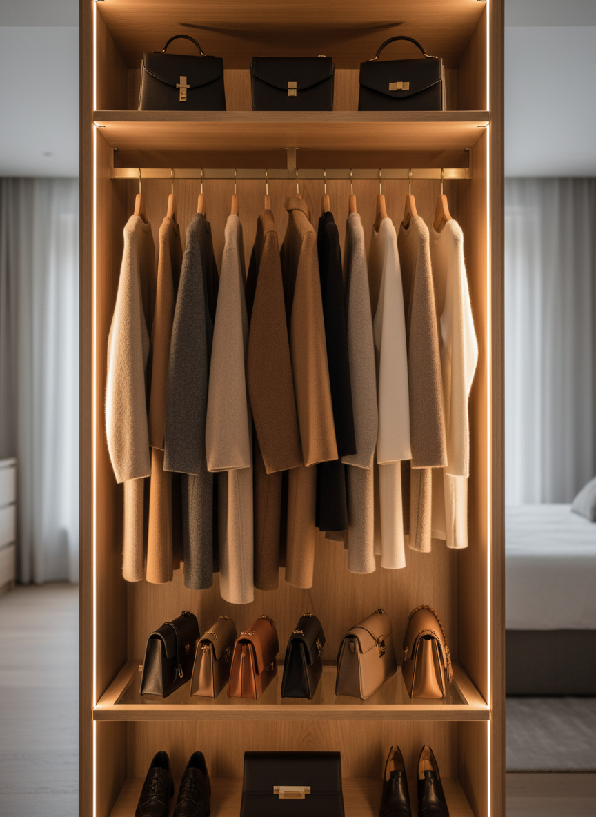 A meticulously organized open wardrobe featuring a curated capsule of luxury garments by aesthetic: a row of perfectly spaced cashmere coats in camel, charcoal, and cream, structured leather handbags on a glass shelf, and polished brass hangers glinting softly. The wardrobe interior is lined with pale oak wood, with integrated warm LED strip lighting casting a gentle glow on the textures of wool, silk, and leather. Captured at eye level with a centered composition and sharp focus, the background fades into a soft blur of a minimalist bedroom. The mood is serene, elevated, and aspirational, emphasizing understated luxury in photographic realism.