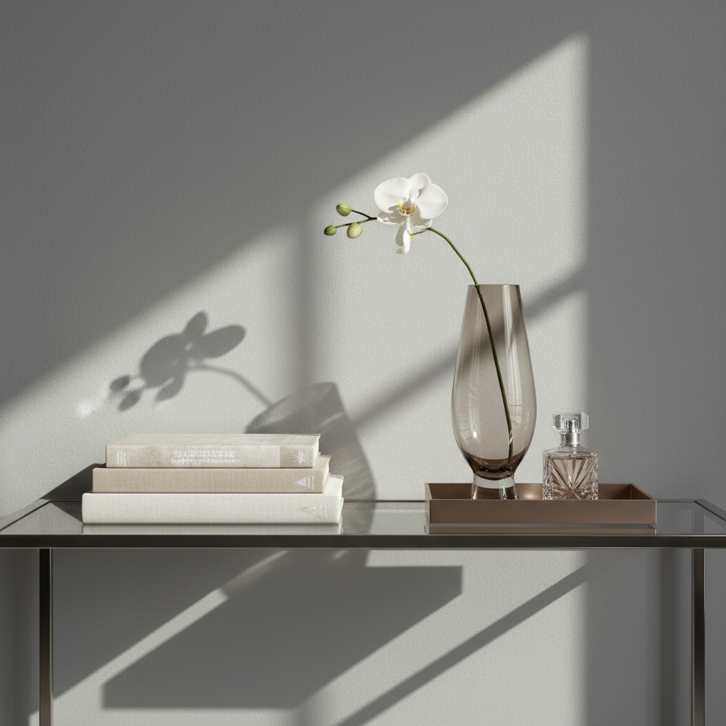 A sleek glass-topped console table styled with curated luxury decor by color palette: a stacked trio of linen-covered coffee table books in shades of taupe and ecru, a sculptural smoked-glass vase holding a single white orchid stem, and a brushed bronze tray containing a cut-crystal perfume bottle. The console stands against a matte dove-grey wall with subtle texture. Natural afternoon light filters in from a nearby unseen window, creating delicate highlights on glass and metal. Photographed from a slightly elevated angle using the rule of thirds, the composition feels balanced and airy, with a calm, sophisticated atmosphere and a clean, contemporary photographic style.