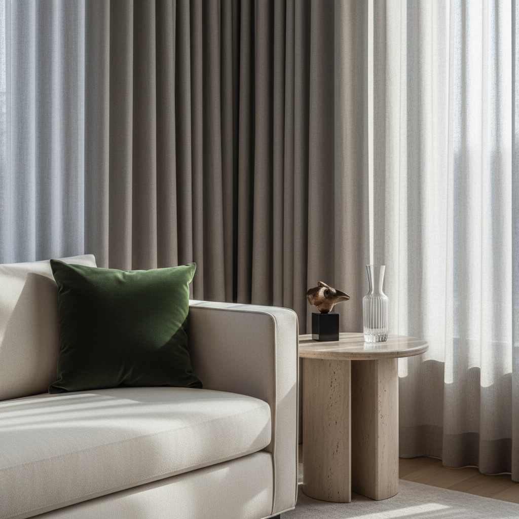 A beautifully styled corner of a luxury living room dedicated to quiet indulgence: a low-profile cream cashmere sofa with crisp lines, a single oversized velvet cushion in deep forest green, and a round side table in honed travertine holding a small sculptural bronze object and a slender crystal carafe. The space is framed by floor-to-ceiling linen curtains in a soft greige tone. Late afternoon natural light filters through, creating layered shadows on the fabric and stone. Photographed at eye level with asymmetrical balance and sharp focus, the mood is serene, grown-up, and subtly opulent, captured in clean, modern photographic realism.