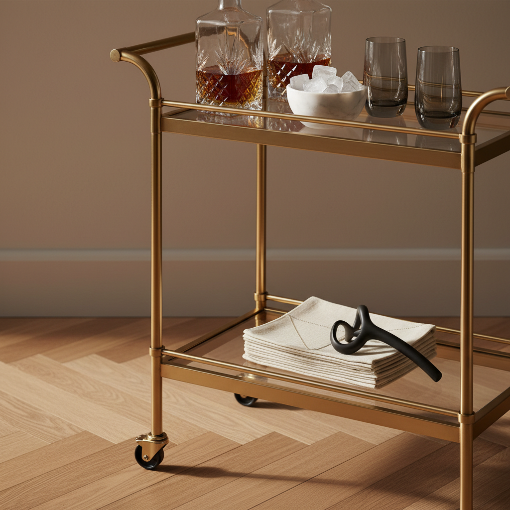 An ultra-refined luxury bar cart scene: a two-tiered cart in polished brass with clear glass shelves, styled with cut-crystal decanters, a pair of minimalist smoked-glass tumblers, and a small marble bowl of perfectly clear ice cubes. On the lower shelf, linen cocktail napkins are folded with precision beside a sculptural bottle opener in matte black metal. The cart stands on herringbone oak flooring against a smooth, warm taupe wall. Soft, directional side lighting highlights the facets of crystal and the gleam of metal, casting intricate, delicate shadows. Captured from a slightly low angle with shallow depth of field, the mood is intimate, glamorous, and impeccably curated in photographic realism.