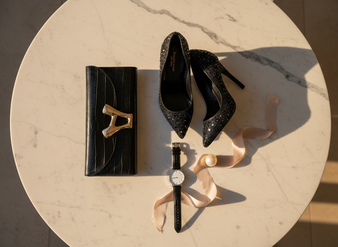 An ultra-luxurious flat lay of curated essentials for a black-tie evening: a high-shine black crocodile leather clutch with a sculptural gold clasp, a pair of crystal-studded stiletto heels, a minimalist platinum watch, and a single flawless pearl resting on a silk ribbon. All are arranged on an ivory marble tabletop with subtle grey veining. Soft, diffused golden hour light streams from the left, creating gentle reflections and elongated shadows. Shot from directly overhead with a shallow depth of field that softly blurs the marble edges, the mood is sophisticated and aspirational, with photographic realism and a clean, editorial aesthetic that feels like a luxury style magazine spread.