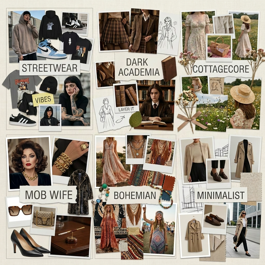 Collage of six fashion style categories including streetwear, dark academia, cottagecore, Y2K cyber, bohemian, and minimalist with related clothing and accessories.