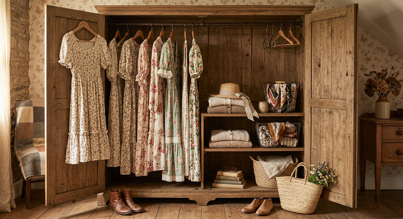 Vintage floral dresses in rustic wardrobe Floral dresses hanging inside a wooden wardrobe alongside folded sweaters, hats, scarves, and woven baskets.