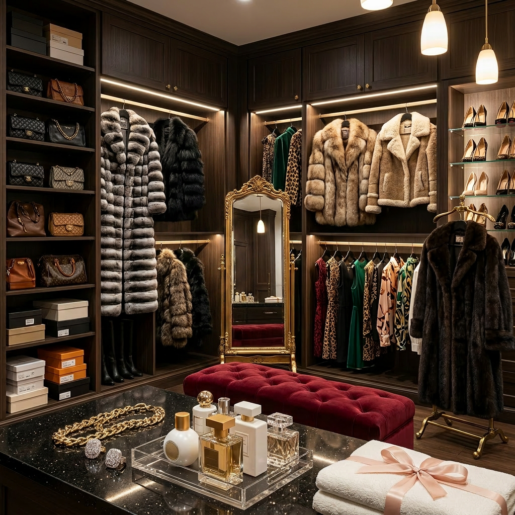 Luxury walk-in closet with designer fashion Walk-in closet featuring fur coats, designer handbags, dresses, shoes, perfumes, and jewelry