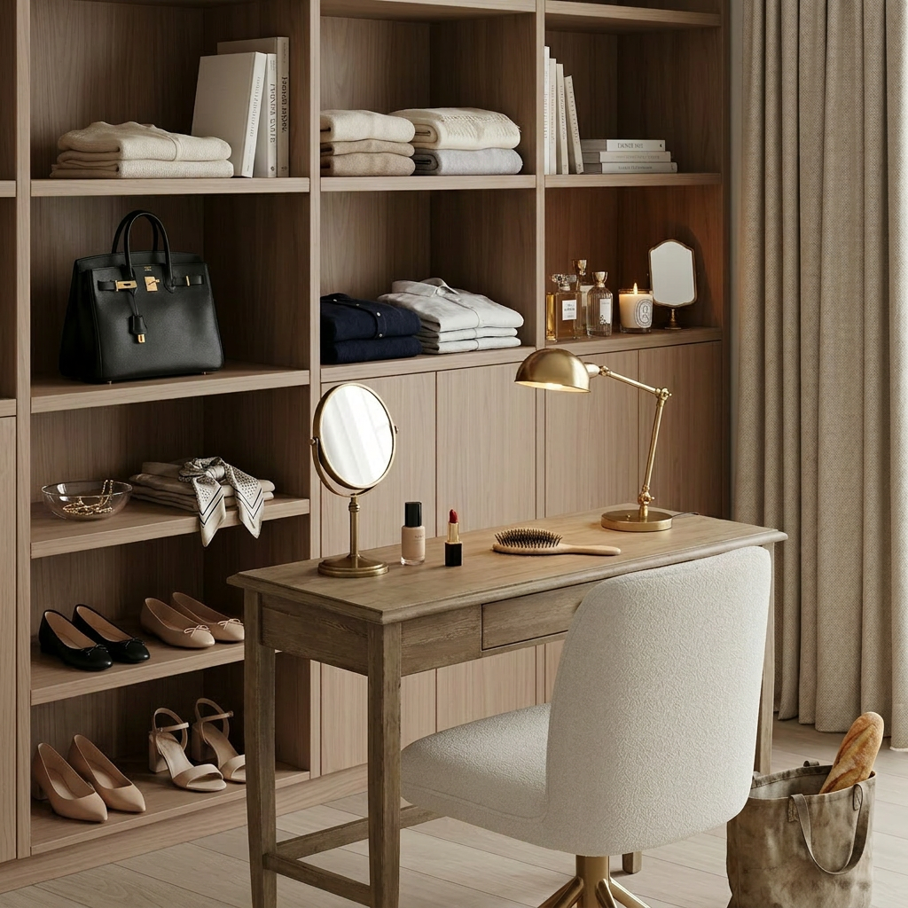 Elegant dressing area with wood shelves Wooden dressing table with mirror, lamp, makeup items, and shelves with clothes, shoes, and accessories
