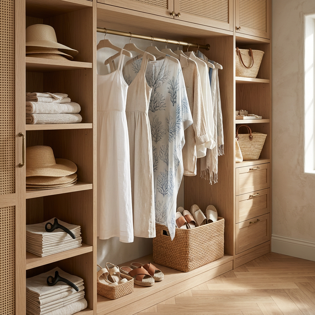 Organized natural-fiber wardrobe storage Closet with light-colored dresses, woven baskets, hats, folded linens, and sandals