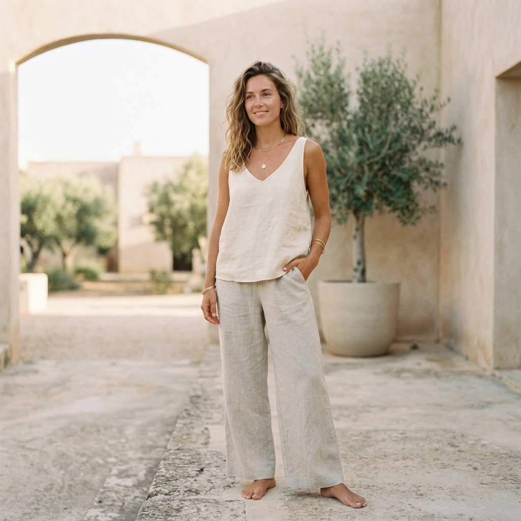 Woman barefoot in light linen top and pants standing in a sunny courtyard.