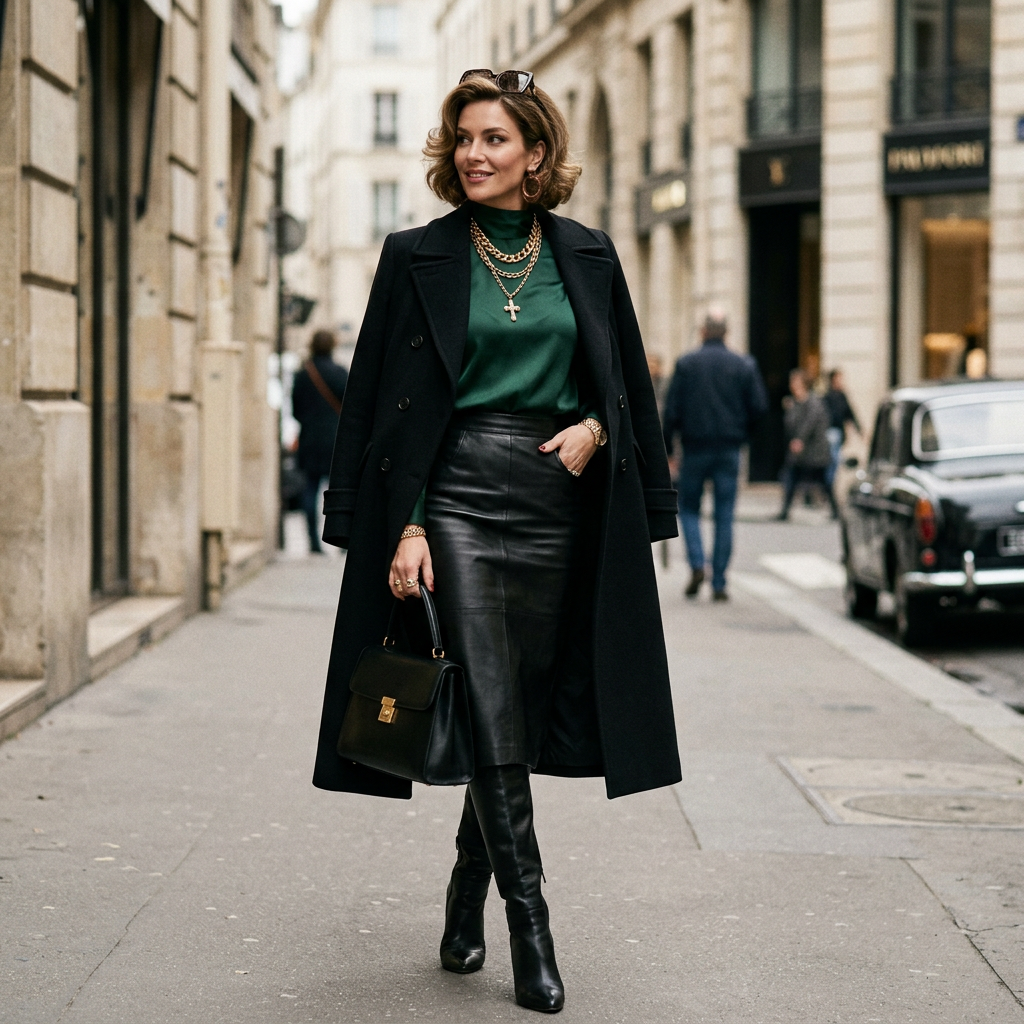 Same woman wearing elegant mafia wife outfit