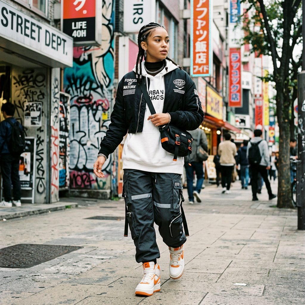 Young woman in streetwear outfit walking on urban sidewalk with graffiti and colorful signs