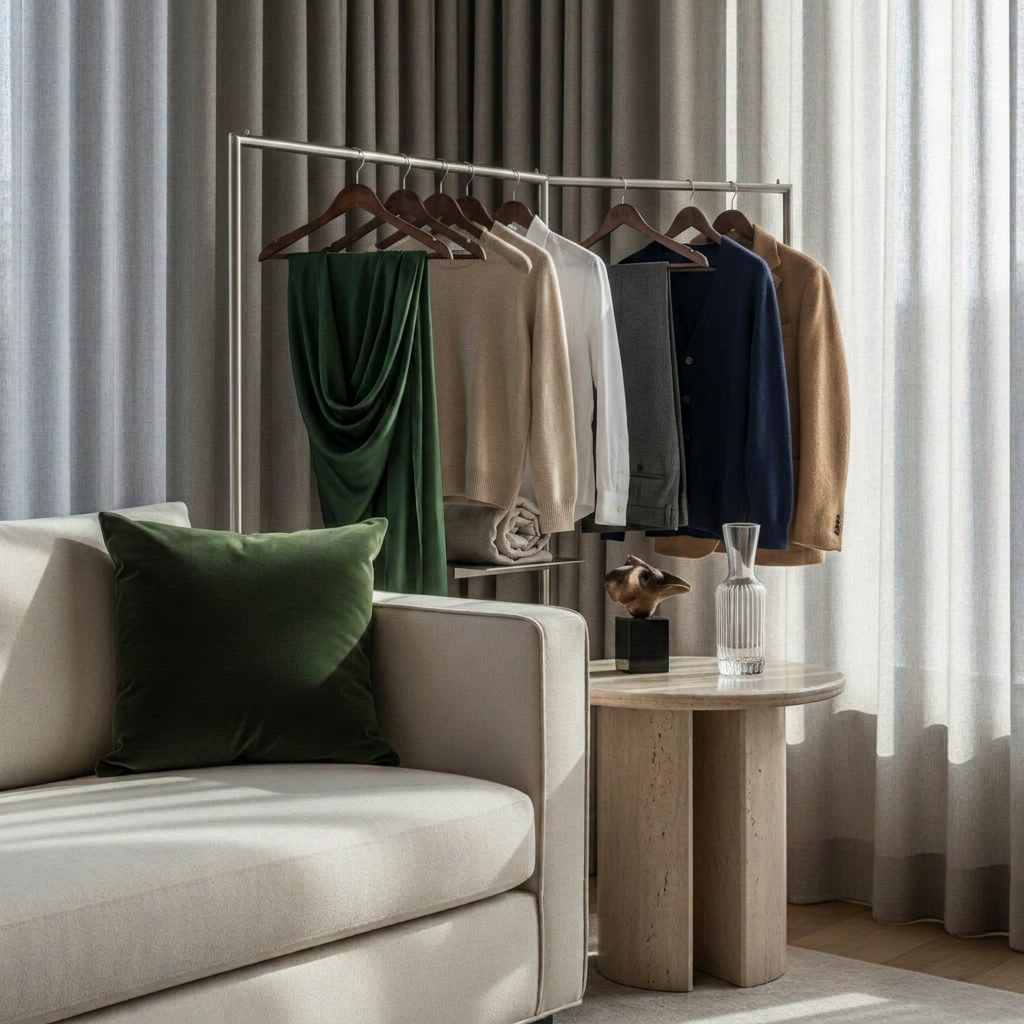 A beautifully styled corner of a luxury living room dedicated to quiet indulgence: a low-profile cream cashmere sofa with crisp lines, a single oversized velvet cushion in deep forest green, and a round side table in honed travertine holding a small sculptural bronze object and a slender crystal carafe. The space is framed by floor-to-ceiling linen curtains in a soft greige tone. Late afternoon natural light filters through, creating layered shadows on the fabric and stone. Photographed at eye level with asymmetrical balance and sharp focus, the mood is serene, grown-up, and subtly opulent, captured in clean, modern photographic realism.