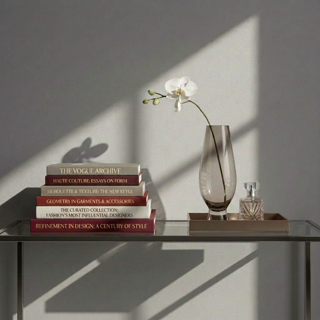 A sleek glass-topped console table styled with curated luxury decor by color palette: a stacked trio of linen-covered coffee table books in shades of taupe and ecru, a sculptural smoked-glass vase holding a single white orchid stem, and a brushed bronze tray containing a cut-crystal perfume bottle. The console stands against a matte dove-grey wall with subtle texture. Natural afternoon light filters in from a nearby unseen window, creating delicate highlights on glass and metal. Photographed from a slightly elevated angle using the rule of thirds, the composition feels balanced and airy, with a calm, sophisticated atmosphere and a clean, contemporary photographic style.