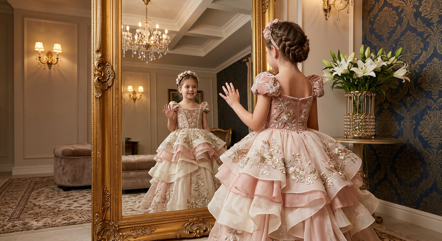 Young girl in layered pink and cream floral dress looking at her reflection in a large ornate gold mirror